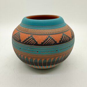 Susie Charlie Navajo Dine Pottery Etched Vase Bowl Teal Terracotta Signed 3x4”